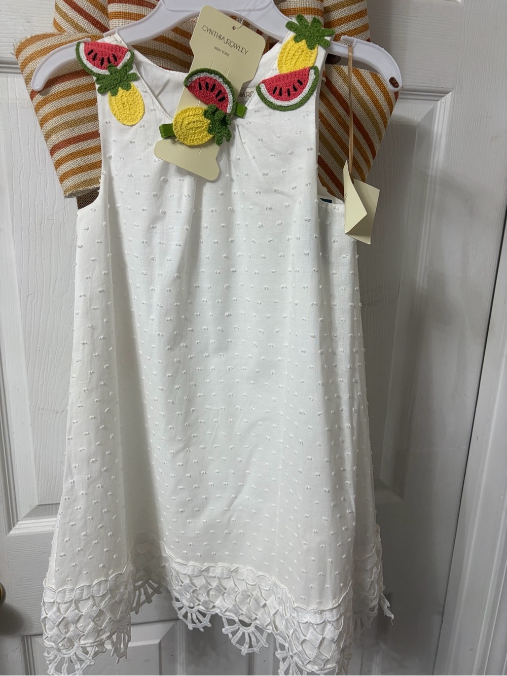 Cynthia Rowley White Textured Dress with Pineapple & Watermelon Appliqués